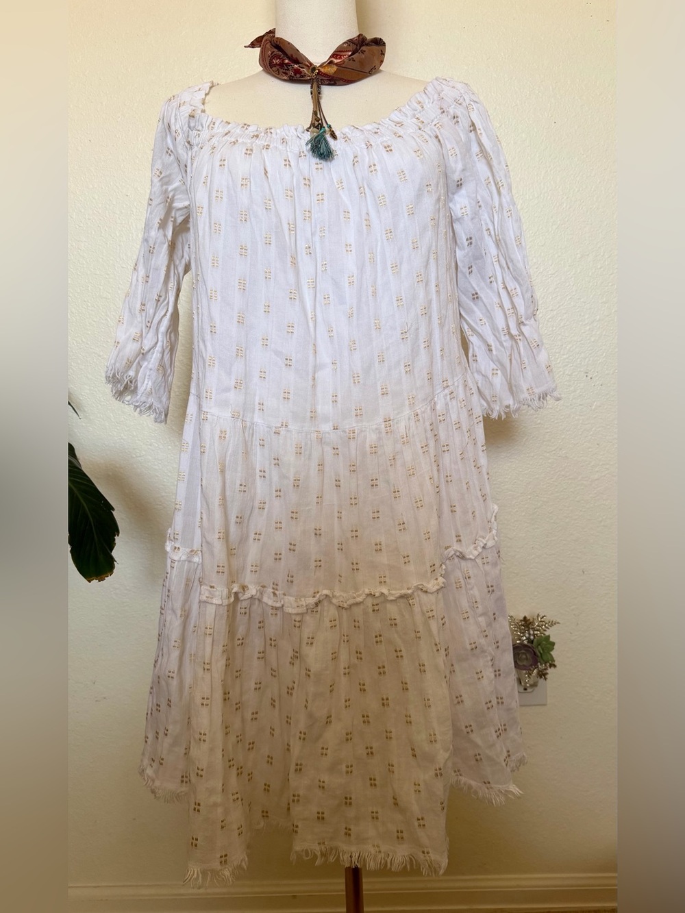 Vineyard Vines White Eyelet Tiered Midi Dress with Fringe Hem